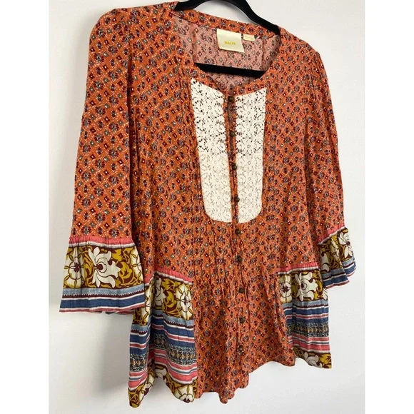 Anthropologie Maeve Womens Hiver Peasant Blouse 12 Orange Boho Hippie Floral - Picture 6 of 9